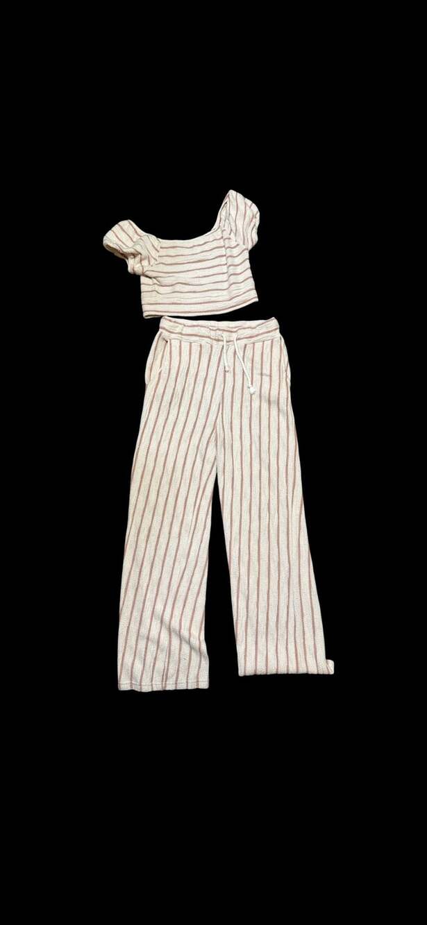 Vintage Havana Cream Brown Striped  Crop Top  Wide Leg Pants Set